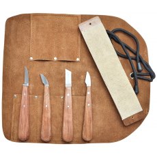 Beber 4 Piece Chip Carving Set with Leather Strop in a Leather Tool Roll